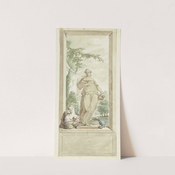 Ontwerp voor een zaalstuk; standbeeld van zintuig Smaak, daarnaast een vrouw en papegaai met vruchten by Dionys van Nijmegen