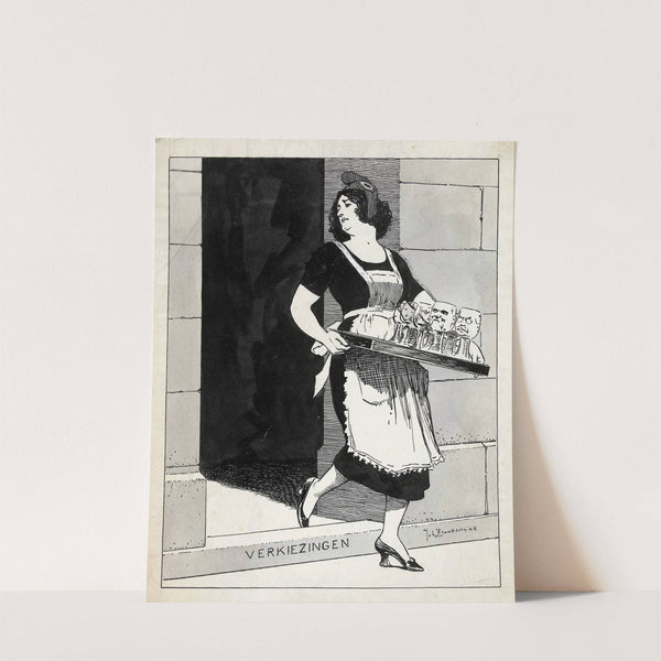 Ontwerp voor illustratie in De Amsterdammer; De Nederlandse Maagd als dienstmeid met een blad glazen struikelt over het afstapje Verkiezingen (17 Mei 1924) by Johan Braakensiek