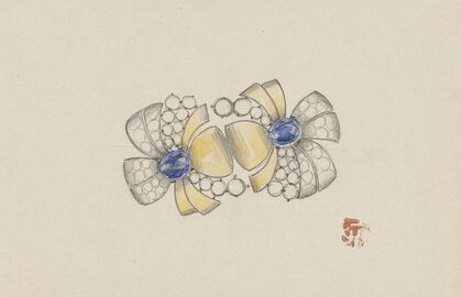 Ontwerp voor juweel in de vorm van twee gestileerde bloemen, met goud en saffieren
