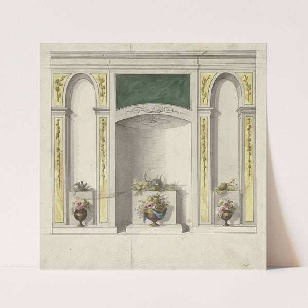 Ontwerp voor kamerversiering met drie nissen waarin bloemenvazen (1767 - 1823) by Abraham Meertens