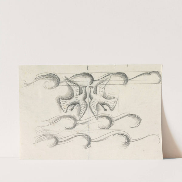 Ontwerpen voor een watermerk van een bankbiljet; Twee duiven vliegend boven de golven (1891) by Leo Gestel