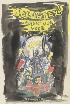 Ontwerpschets affiche voor propaganda kunstbescherming in het leger, schets van soldaat frontaal gezien staand op een bakstenen muurtje, erboven de tekst ‘Soldaten ! waakt ook voor Kunst’.