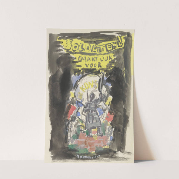 Ontwerpschets affiche voor propaganda kunstbescherming in het leger, schets van soldaat frontaal gezien staand op een bakstenen muurtje, erboven de tekst 'Soldaten ! waakt ook voor Kunst'. by Leo Gestel