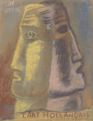 Ontwerpschets voor Paul Fierens ‘l’Art Hollandais contemporain’; twee mannen hoofden, en profil afgebeeld, van elkaar weg kijkend.