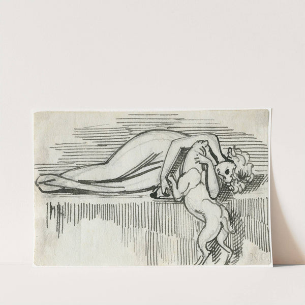 Op een bank liggende jonge vrouw, met hond by David Humbert de Superville