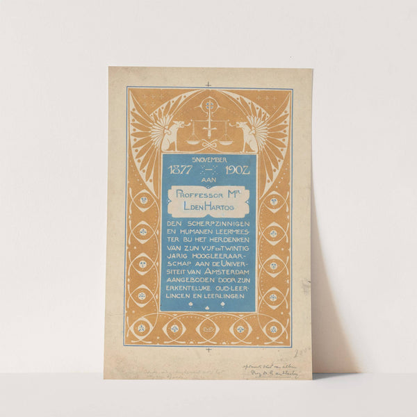 Opdrachtblad voor een album voor Prof. Mr. L. den Hartog by Reinier Willem Petrus de Vries
