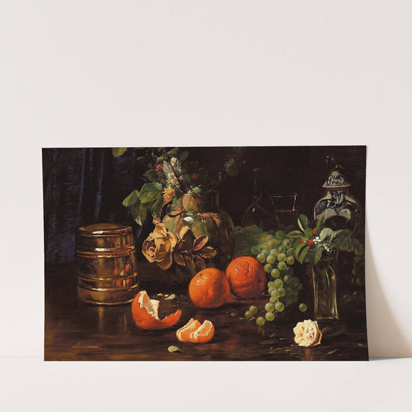 Opstilling med appelsiner, druer, blomster og forskellige krukker by Carl Carlsen