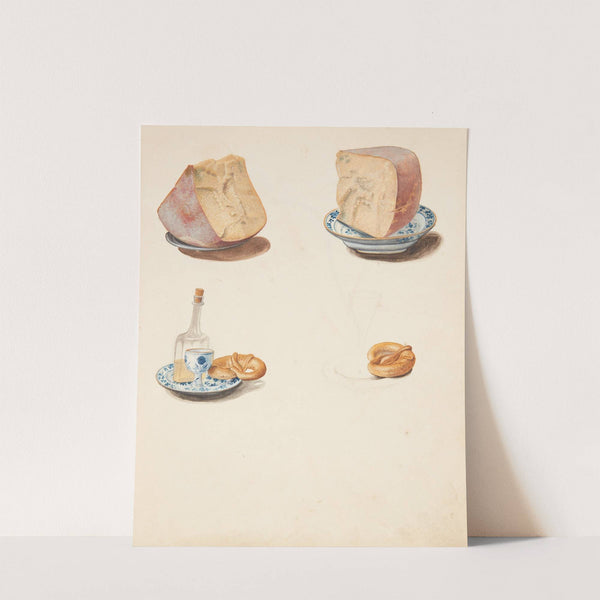 Opstilling med ost, snaps og brezel (1753) by Johanna Fosie