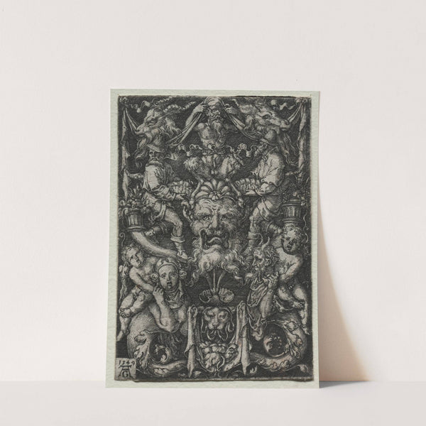 Ornament Design with a Mask, A Couple of Tritons, and Two Children Below (1549) by Heinrich Aldegrever