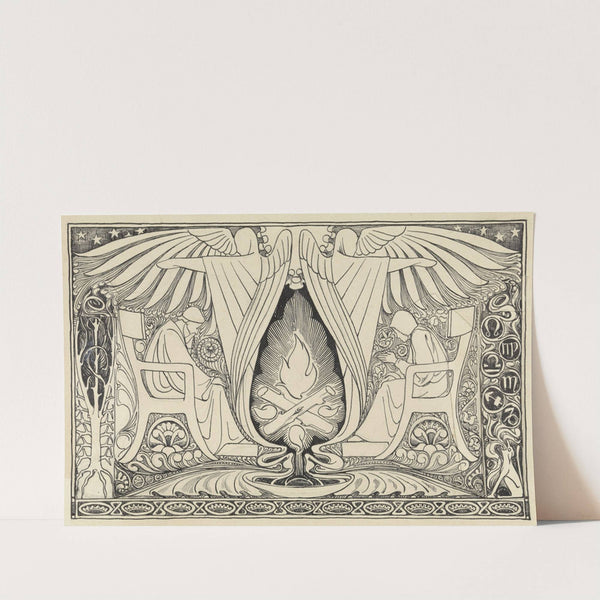 Ornamentale voorstelling van man en vrouw aan weerszijden van een haardvuur by Antoon Derkinderen