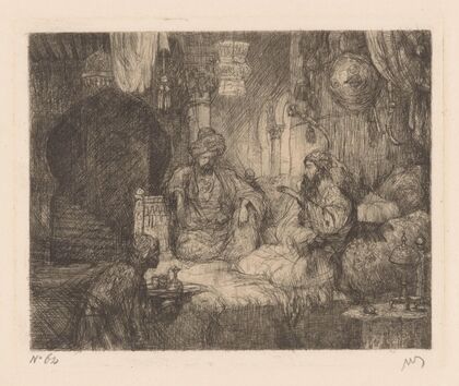 Ottomaans interieur met twee mannen en dienaar