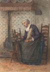 Oude vrouw in interieur aan spinnewiel