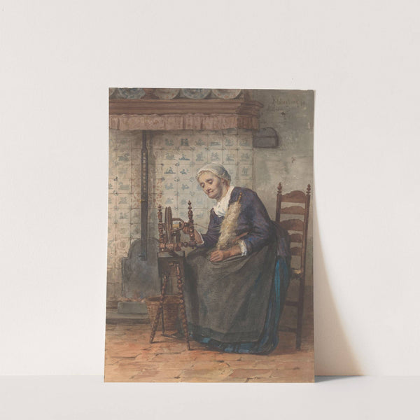 Oude vrouw in interieur aan spinnewiel by Hendrik Valkenburg