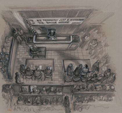 Overhead view of courtroom at New York State Supreme Court, Brooklyn