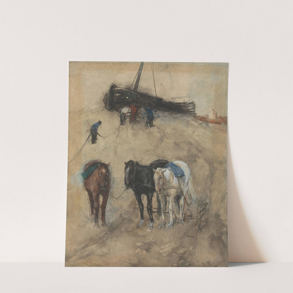 Paarden op het strand, op de achtergrond een schuit en vissers by George Hendrik Breitner