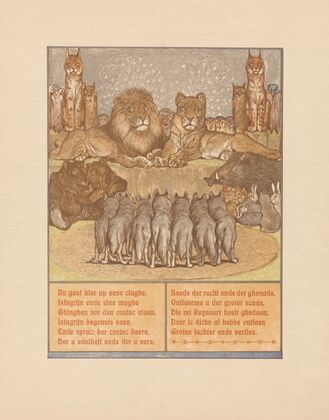 Pack of wolves in front of a reclining lion (Nobel) and lioness (Gentel) (1910)
