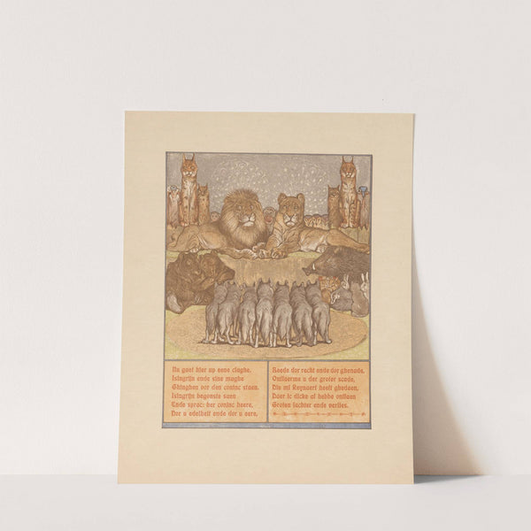 Pack of wolves in front of a reclining lion (Nobel) and lioness (Gentel) (1910) by Bernard Willem Wierink