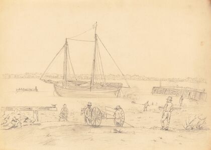 Packet boat grounded for tarring beside wharf–Men and wagon in foreground