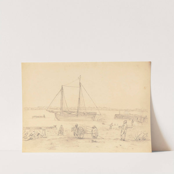 Packet boat grounded for tarring beside wharf-Men and wagon in foreground by John Rubens Smith