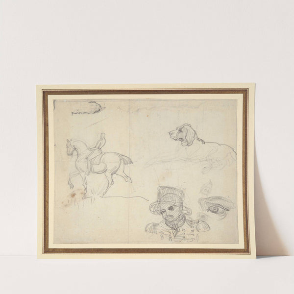 Page of Sketches (equestrian, dog, soldier’s head) by Théodore Géricault
