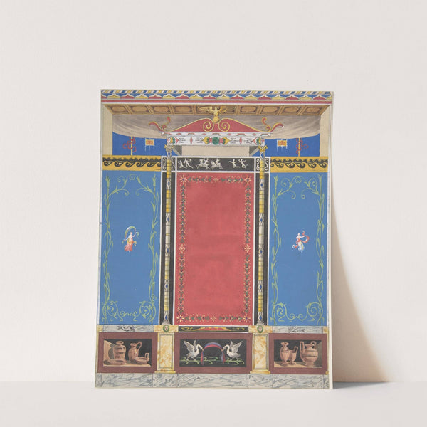 Painted Wall Decor Featuring Thin Column with a Pair of Swans and Trompe L'Oeil Vases at Base by Jules-Edmond-Charles Lachaise