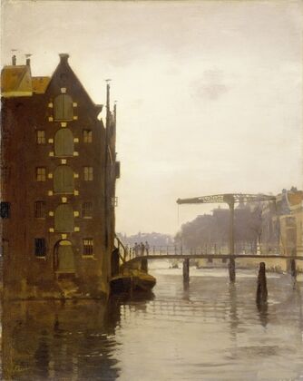 Pakhuizen aan een Amsterdamse gracht op Uilenburg