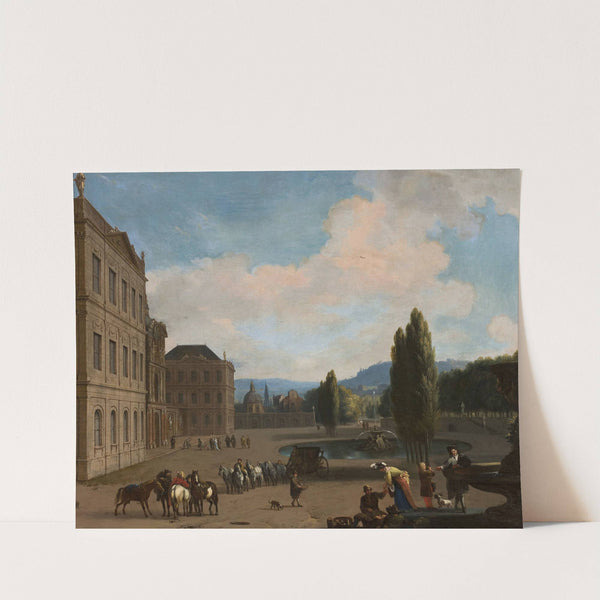 Palace courtyard with a fountains, a carriage and people by Jan van Huchtenburg