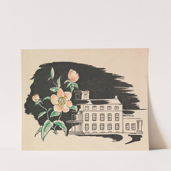 Paleis Soestdijk en een bloem met silhouetportretten van Wilhelmina, koningin der Nederlanden, Juliana, koningin der Nederlanden, en Bernhard van Lippe-Biesterfeld by Anonymous