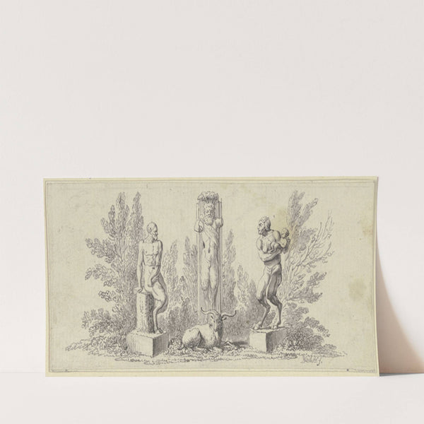 Pan und Paniskin mit Kind, Bildwerken gleich um eine ithyphallische Panherme gruppiert, vor der ein Ziegenbock ruht by Daniel Nikolaus Chodowiecki