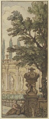 Panneau, im Vordergrund eine Vase, im Hintergrund ein Orangeriegebäude.