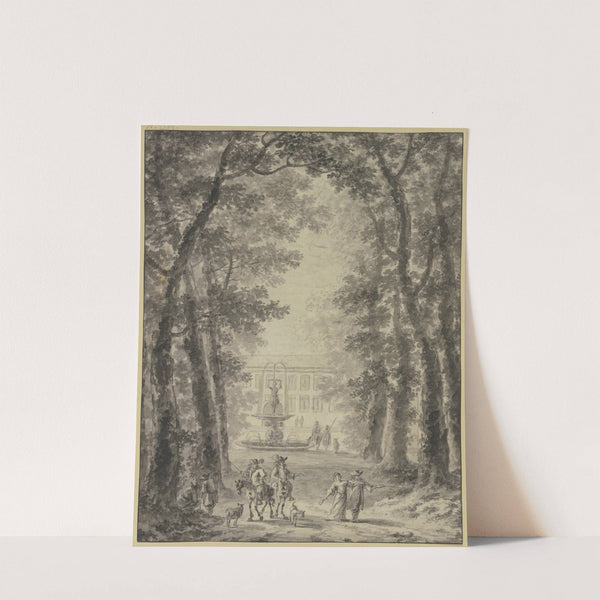 Parkanlage mit Schloß und Springbrunnen, vorne zwei Reiter und einige andere Figuren by Jan Hackaert