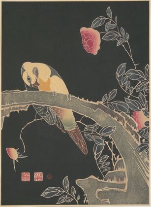Parrot on the Branch of a Flowering Rose Bush (ca. 1900)