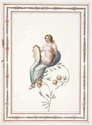 Partially nude woman sitting on flowering branch, holding tambourine. (1783) — size preview