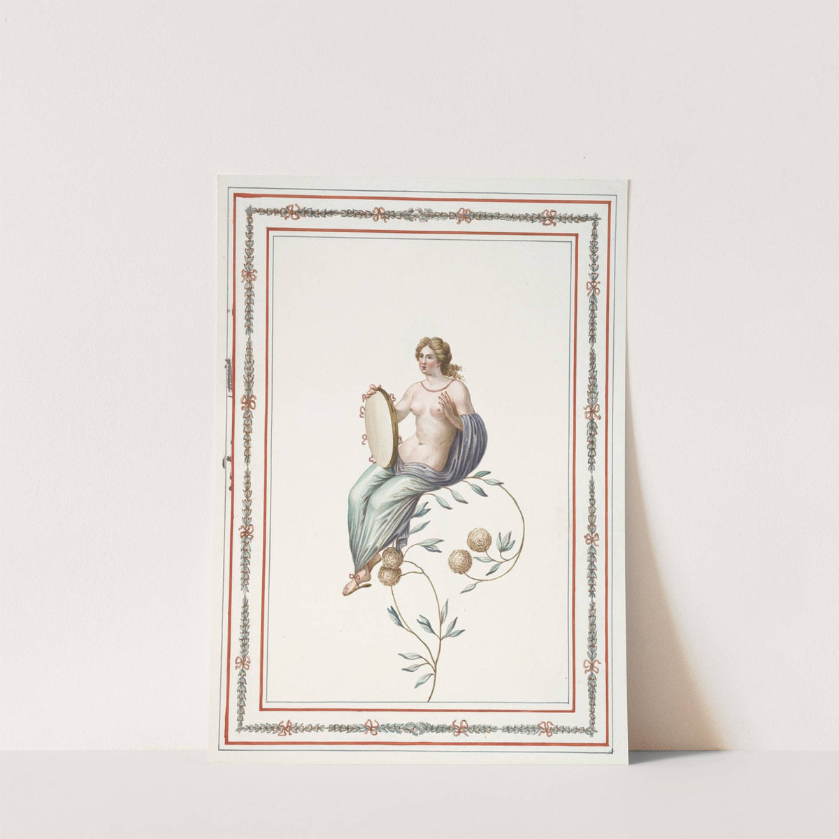 Partially nude woman sitting on flowering branch, holding tambourine. (1783) by Pierre-Jean Mariette