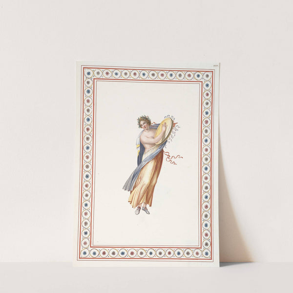 Partially nude woman wearing wreath and playing tambourine. by Pierre-Jean Mariette