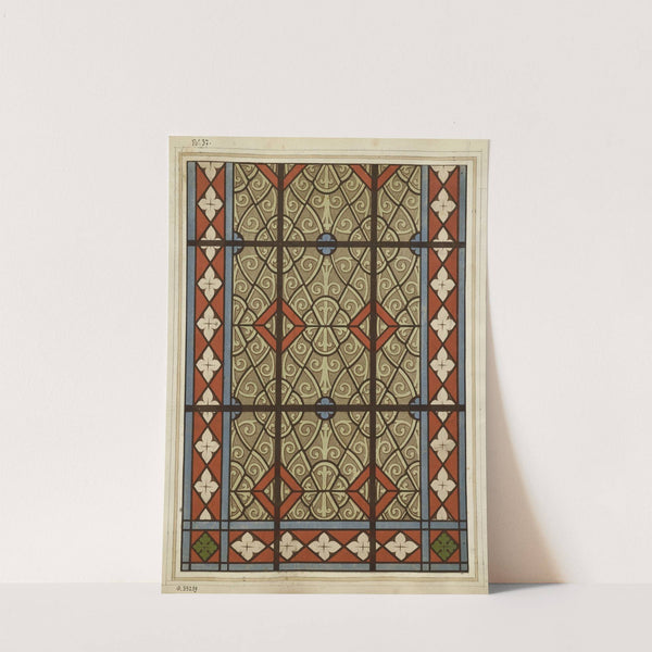 Partie inférieure d’une fenêtre fond gris, losanges rouges et rosettes bleues, entourage à fond rouge by Laurent Gsell