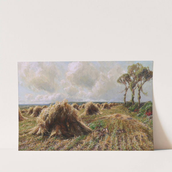 Partridges by the Haystacks in an Expansive Harvest Landscape by Arthur William Redgate