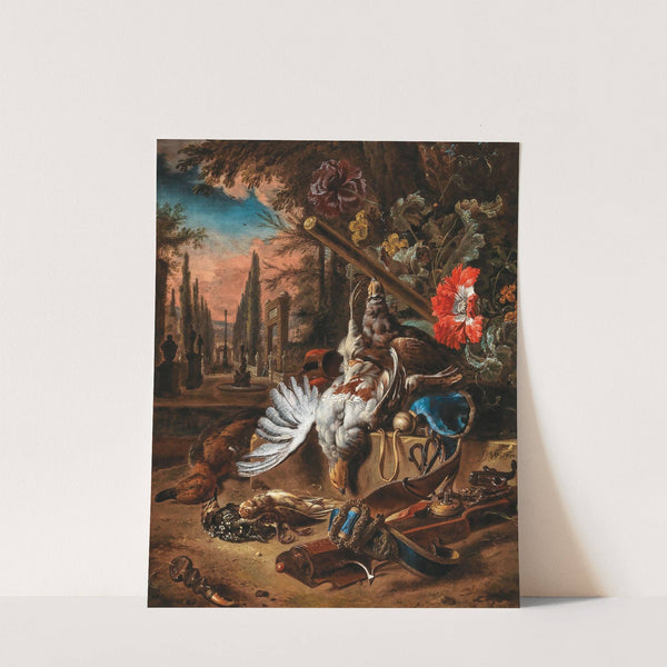 Partridges, songbirds, a duck, a gun and a quailwistle in a parkland landscape by Jan Weenix