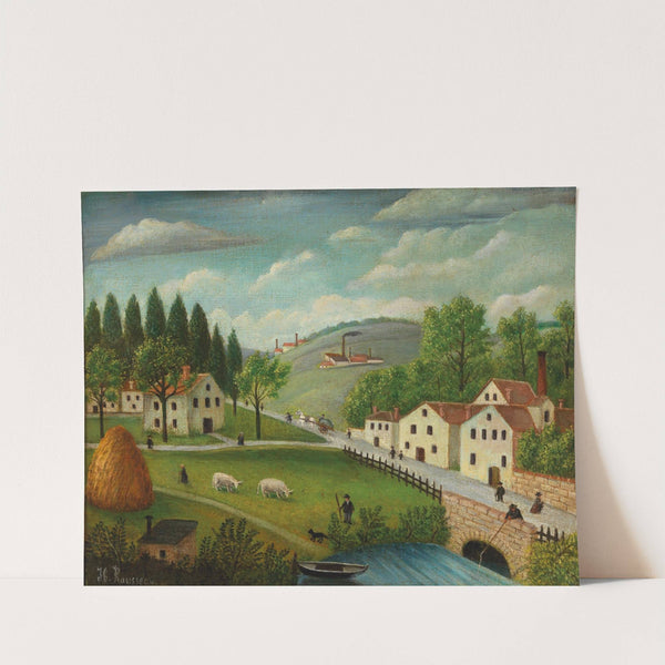 Pastoral landscape with stream, fisherman and strollers by Henri Rousseau