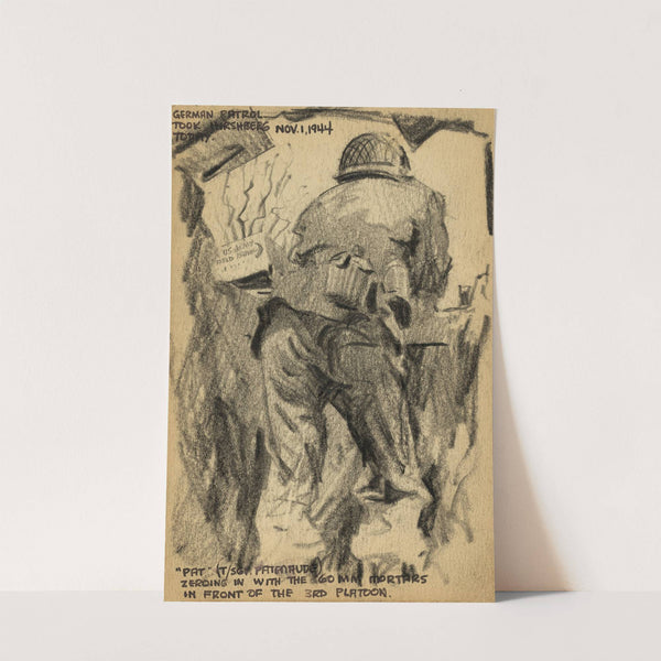 Pat (Sgt. Patenaude) zeroing in with the 60 mm mortars in front of the 3rd platoon by Victor Alfred Lundy