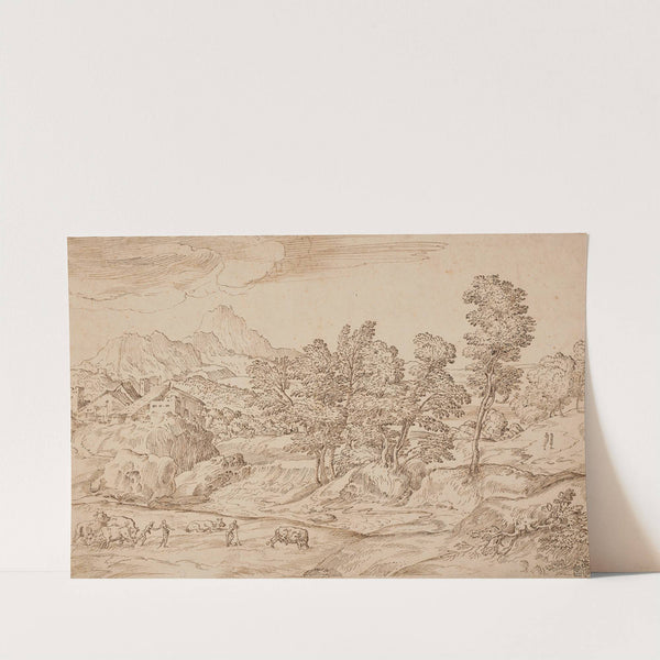 Paysage arboré avec des paysans et leur troupeau au premier plan by Domenico Campagnola