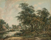 Paysage arboré avec figures et maisons au bord du rivage