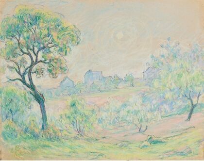 Paysage avec maisons au fond