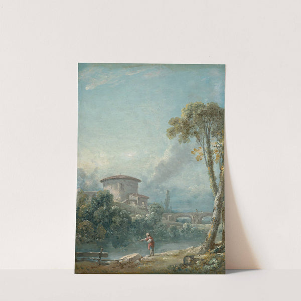 Paysage avec un pêcheur au bord d’un lac, au fond un grand pigeonnier by Nicolas Jacques Julliard