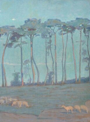 Paysage bleu aux moutons