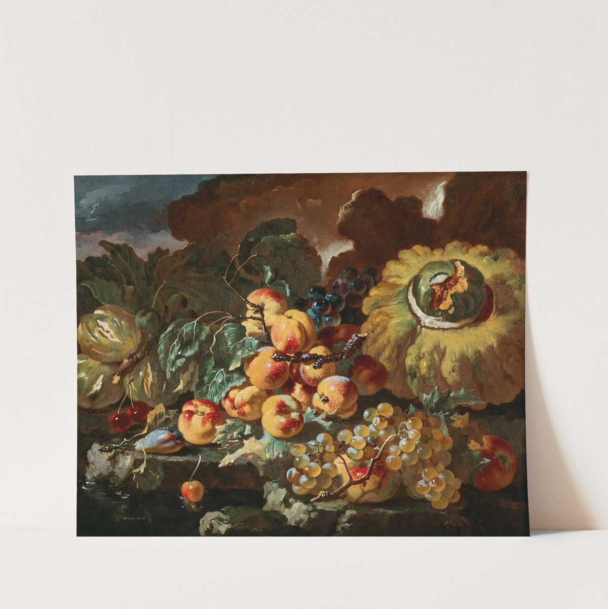 Peaches, apples, plums and cherries by a pumpkin, on a stone ledge by Giovanni Paolo Castelli