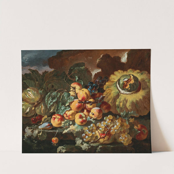 Peaches, apples, plums and cherries by a pumpkin, on a stone ledge by Giovanni Paolo Castelli