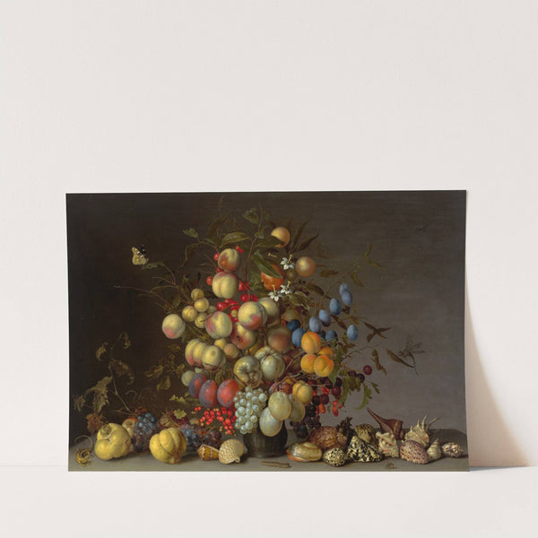 Peaches, plums, oranges, apples, cherries, grapes, redcurrants, blackcurrants, crab apples and other fruit in a pewter vase by Balthasar van der Ast