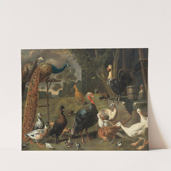 Peacock and peahen on a perch, turkeys, a pheasant and poultry by a well by Adriaen van Utrecht