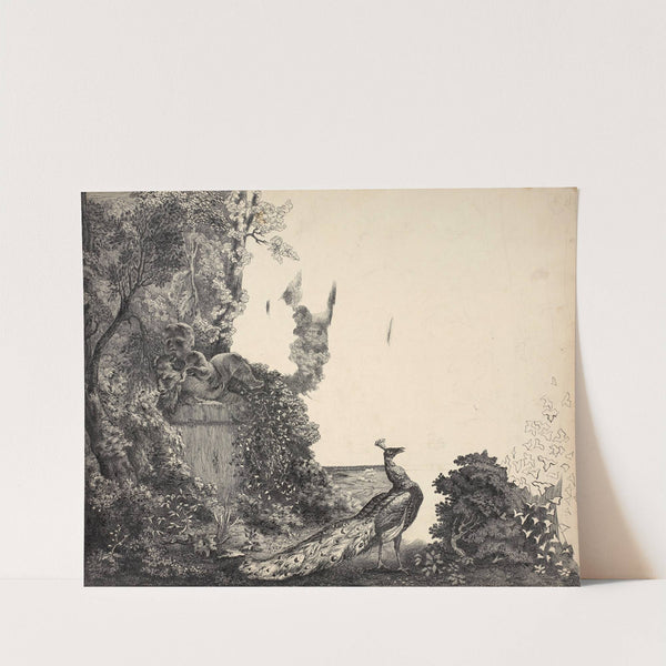 Peacock and statue of a child in a landscape (1855) by Félix Bracquemond
